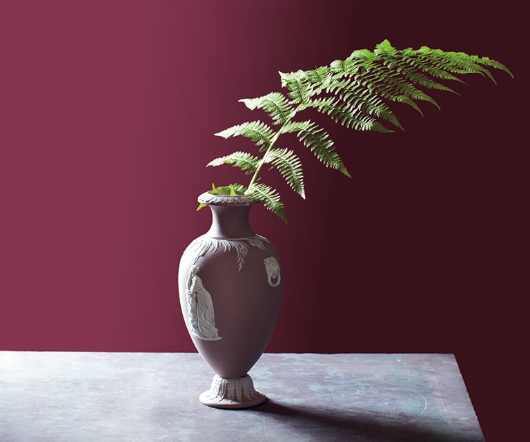 Un vase posé sur une table devant un mur d’un rouge profond.