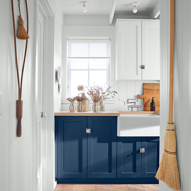 Pièce blanche présentant des armoires bleues surmontées d’un comptoir en bois, un grand évier blanc orné d’une bouteille de savon et d'une planche à découper, et des murs décorés.
