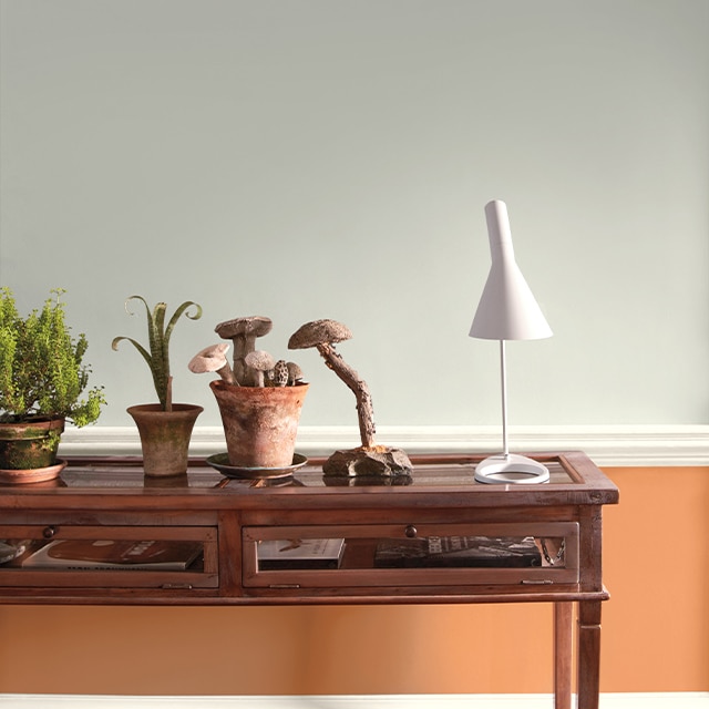 Un mur en deux teintes – un gris froid en haut et un tendre orangé en bas – met en vedette une table en bois sur laquelle sont posées une lampe moderne blanche et plusieurs jardinières.