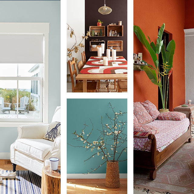Un collage de salons et salles à manger dans les couleurs Benjamin Moore.