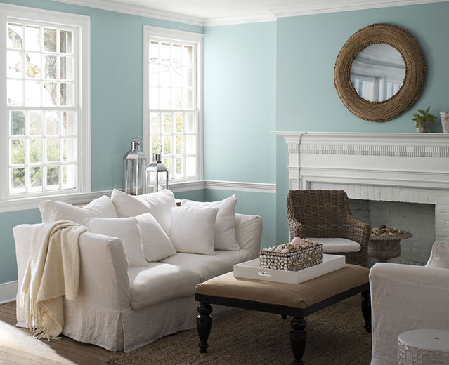 A living room painted in Gossamer Blue 2123-40 to show the impact of cool paint colours.