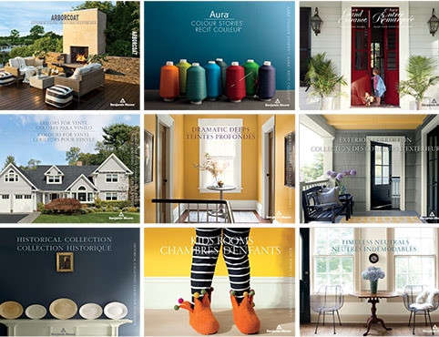 Un collage de brochures Benjamin Moore qui offrent des conseils d’experts et de l’inspiration en matière de couleurs.