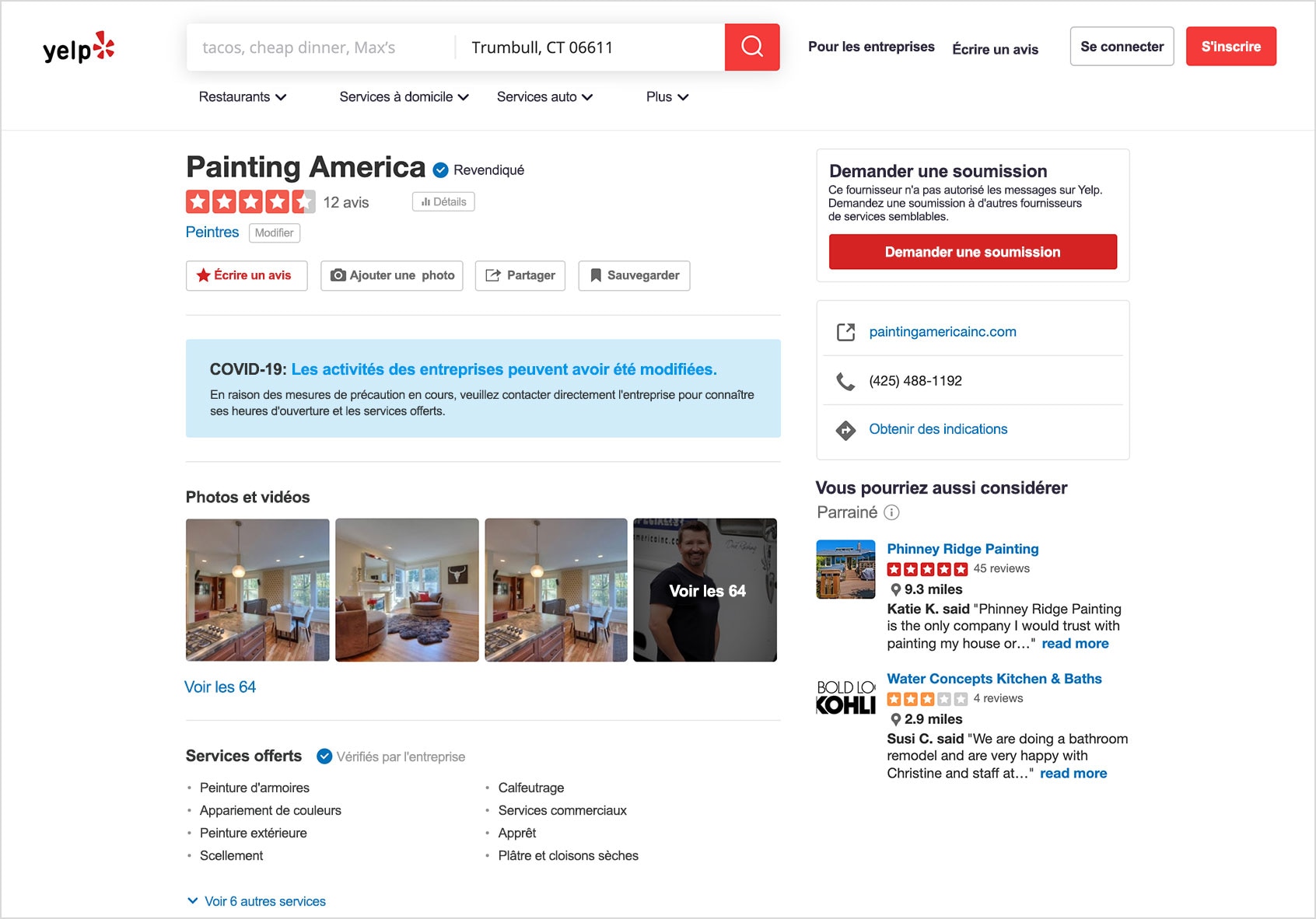 Exemple de profil sur Yelp pour une entreprise de peinture.
